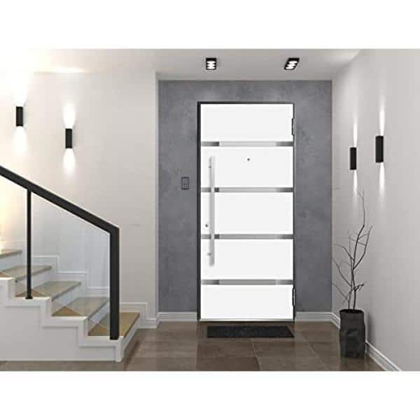 36 in. x 80 in. Single Panel Right-Hand/Inswing 4 Lites Tinted Glass Gray Finished Steel Prehung Front Door with Handle 36 in. x 80 in. Single Panel Right-Hand/Inswing 4 Lites Tinted Glass Gray Finished Steel Prehung Front Door with Handle