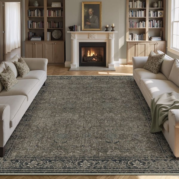 Manhattan Brown 9 ft. x 12 ft. Distressed Vintage Floral Washable Area Rug