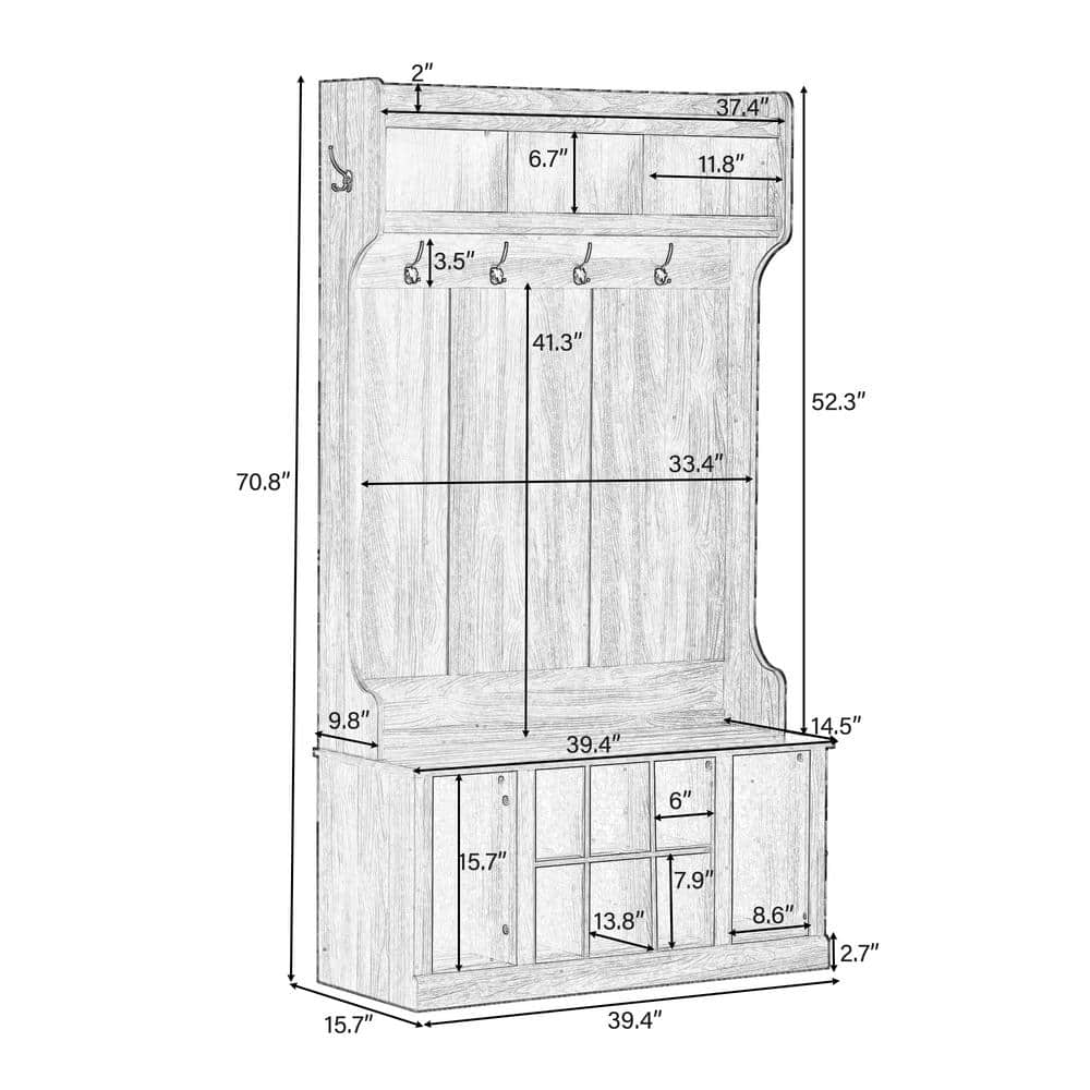 White Solid Wood Hall Tree with Storage and Hooks