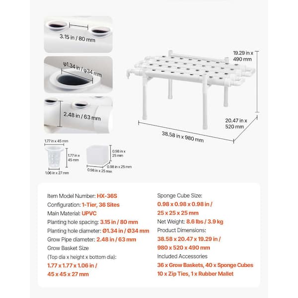 SKYSHALO Hydroponics Growing System Kit, 1-Tier 36-Sites UPVC Pipe