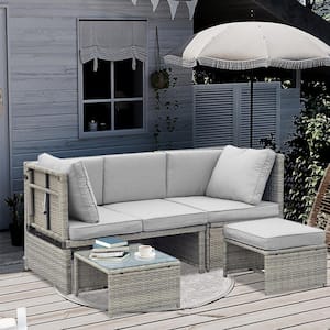 4-Piece Wicker Outdoor Garden Chaise Lounge Set Sectional Sofa Set with Adjustable Side Seat in Gray Cushions