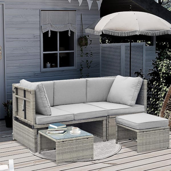 Cesicia 4-Piece Wicker Outdoor Garden Chaise Lounge Set Sectional Sofa Set with Adjustable Side Seat in Gray Cushions