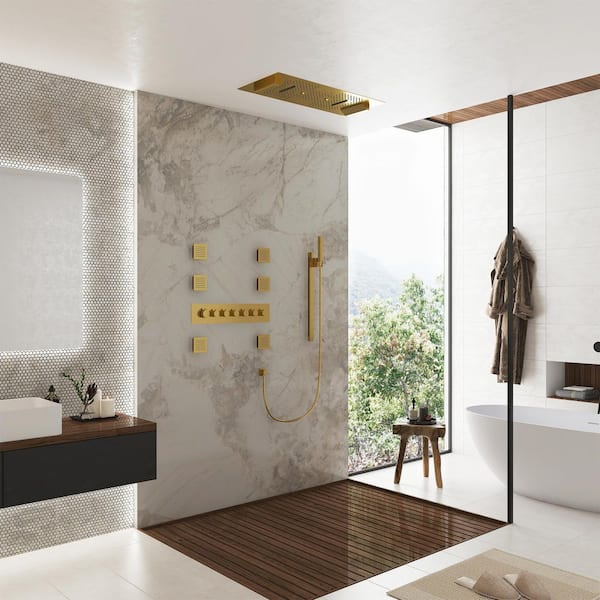 6-Spray 35 in.x 16 in. LED Thermostatic Shower System 6-Function w/ Fixed & Handheld Shower Head 2.5 GPM in Brushed Gold
