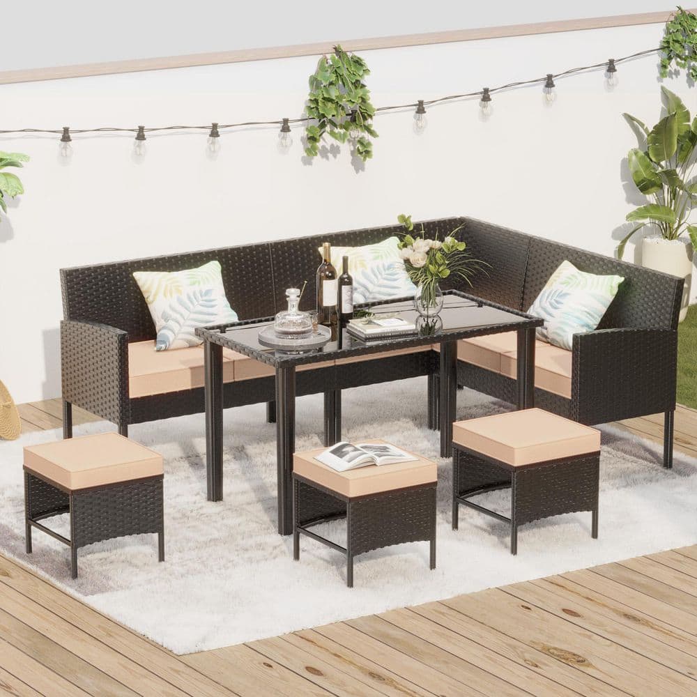 Sudzendf 7-Piece Wicker Outdoor Conversation Patio Furniture Set with Beige Cushions ZTPO12-1735 - The Home Depot
