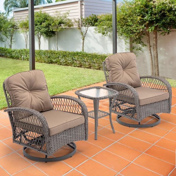 HOMEFUN 3-Piece Wicker Outdoor Bistro Set Patio Swivel Rocker Chairs with Khaki Cushions and Coffee Table