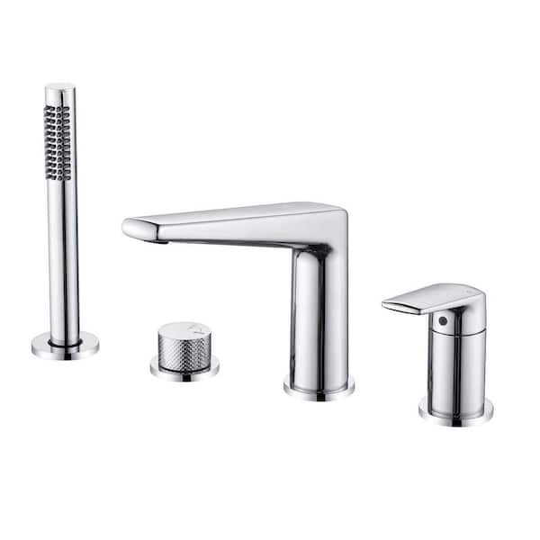 Single-Handle Brass Tub-Mount Roman Tub Faucet with SS Hand Shower, 4 Hole Bathtub Shower Faucet in Polished Chrome