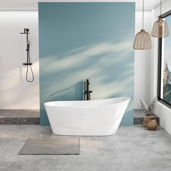 Baily 59 in. Acrylic Oval Slipper Flatbottom Freestanding Bathtub in Glossy White