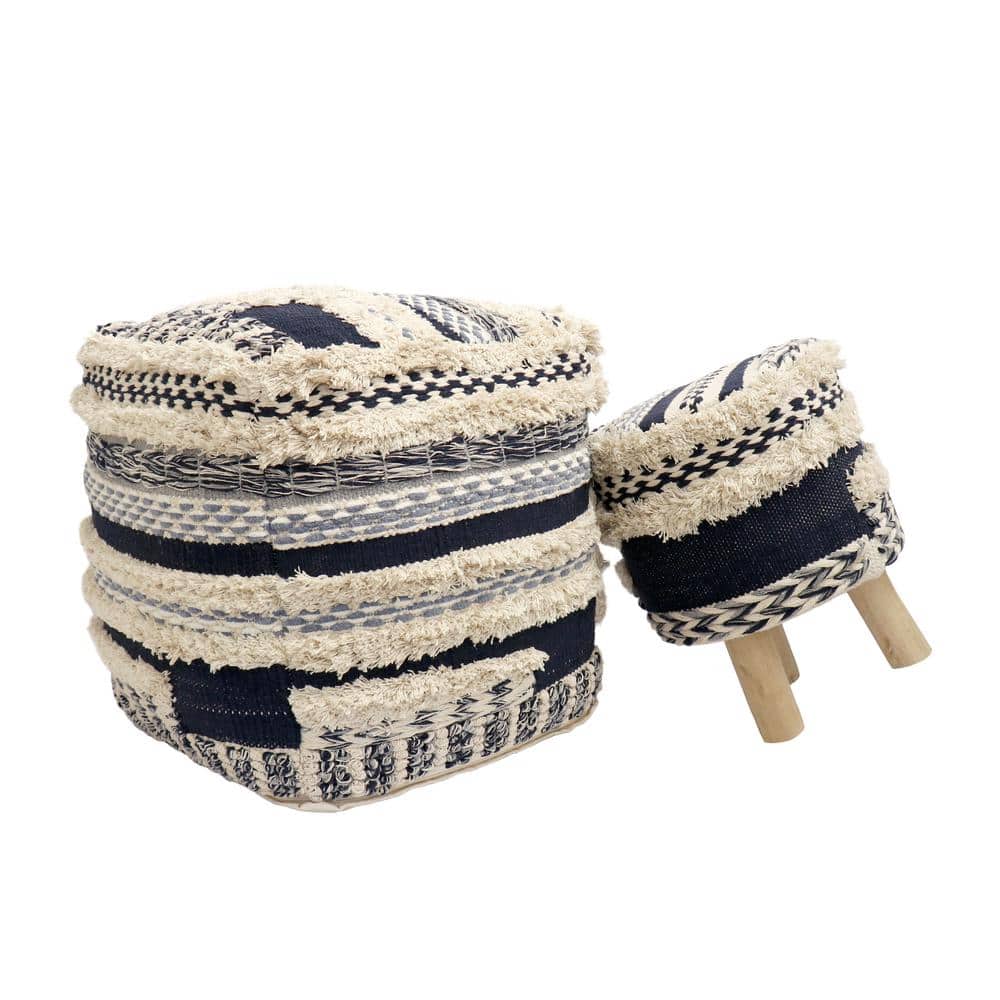Navy and Beige Handwoven Cotton Shaggy Pouf