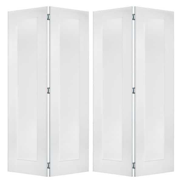72 in. x 80 in. Shaker 1-Panel Solid Core Primed MDF Wood Interior Bifold Double Door with Hardware
