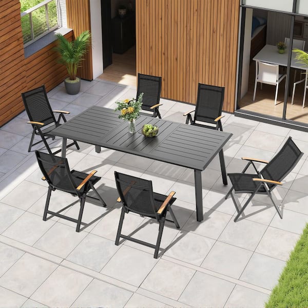 Black 7-Piece 82.7 in. Metal Outdoor Dining Set with Umbrella Hole and Foldable Chairs