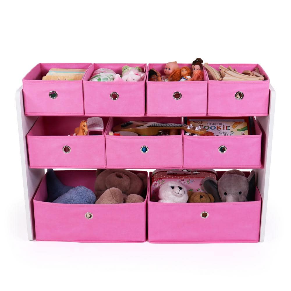 White and Pink 3-Tier Kids Storage Organizer with Fabric Bins