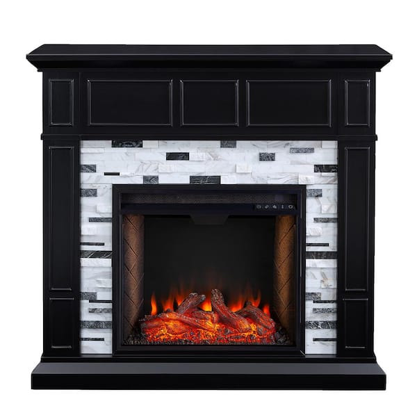 Southern Enterprises Etta Alexa-Enabled Marble 45.5 in. Electric Smart Fireplace in Black with White and Gray Marble