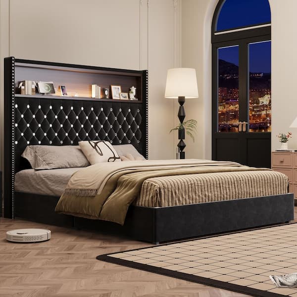 Button-Tufted Black Wood Frame Queen Size Velvet Platform Bed with USB Port, Shelf, Wing-back Light Headboard, Rivets