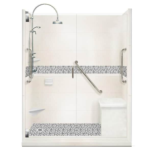 American Bath Factory Del Mar Freedom Luxe Hinged 32 in. x 60 in. x 80 in. Left Drain Alcove Shower Kit in Natural Buff and Chrome Hardware