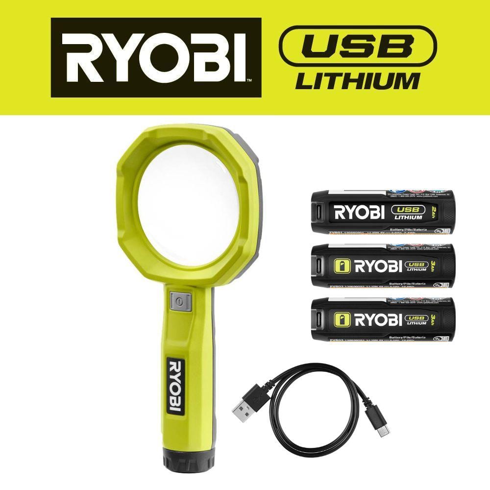 RYOBI USB Lithium 200 Lumens Magnifying Light Kit w/ 2.0 Ah Battery, Charging Cable, & USB Lithium 3.0 Ah Batteries (2-Pack)