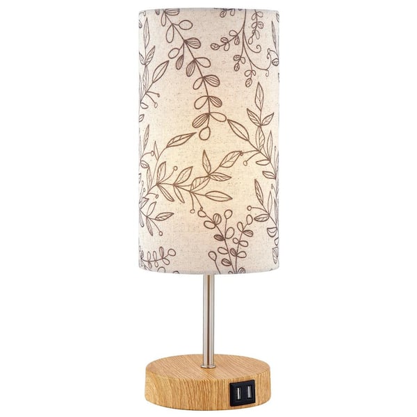 Cinkeda Keaisa 15 in. Beige Floral Print Design Metal Table Lamp with 2 USB Ports