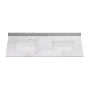 61 in. W x 22 in. D Carlsber Marble White Rectangular Double Sink Bathroom Vanity Top in White