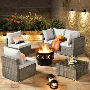 Hippish Gray 6-Piece Wicker Patio Wood Burning Fire Pit Conversation Set with Gray Cushions