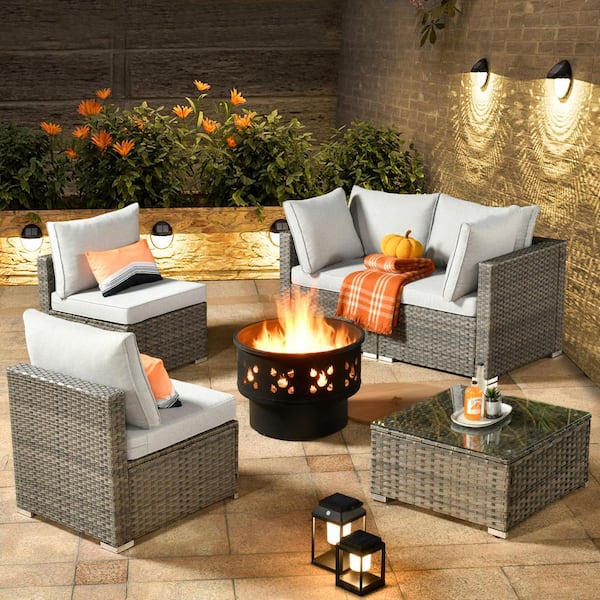 OVIOS Hippish Gray 6-Piece Wicker Patio Wood Burning Fire Pit Conversation Set with Gray Cushions