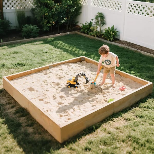 Kids Sand Box Wooden Sandbox 6 ft. W x 6 ft. L x 8 in. H Large Sandbox with Cover Square Sand Pit with 2 Corner Seats