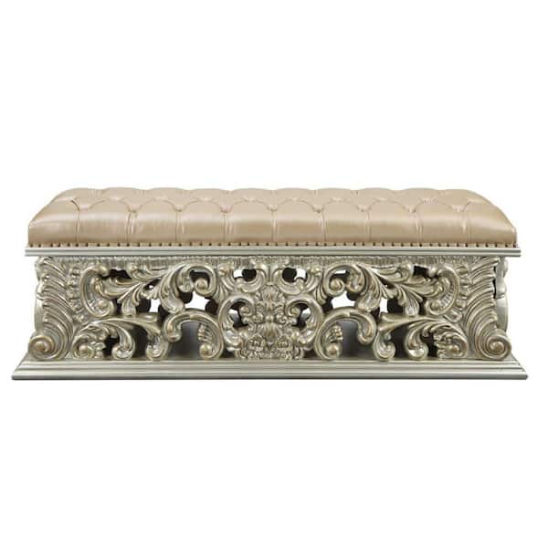 Benjara Gold 66 in. Backless Bedroom Bench with Padded Seat and Ornate Scrolled Carvings