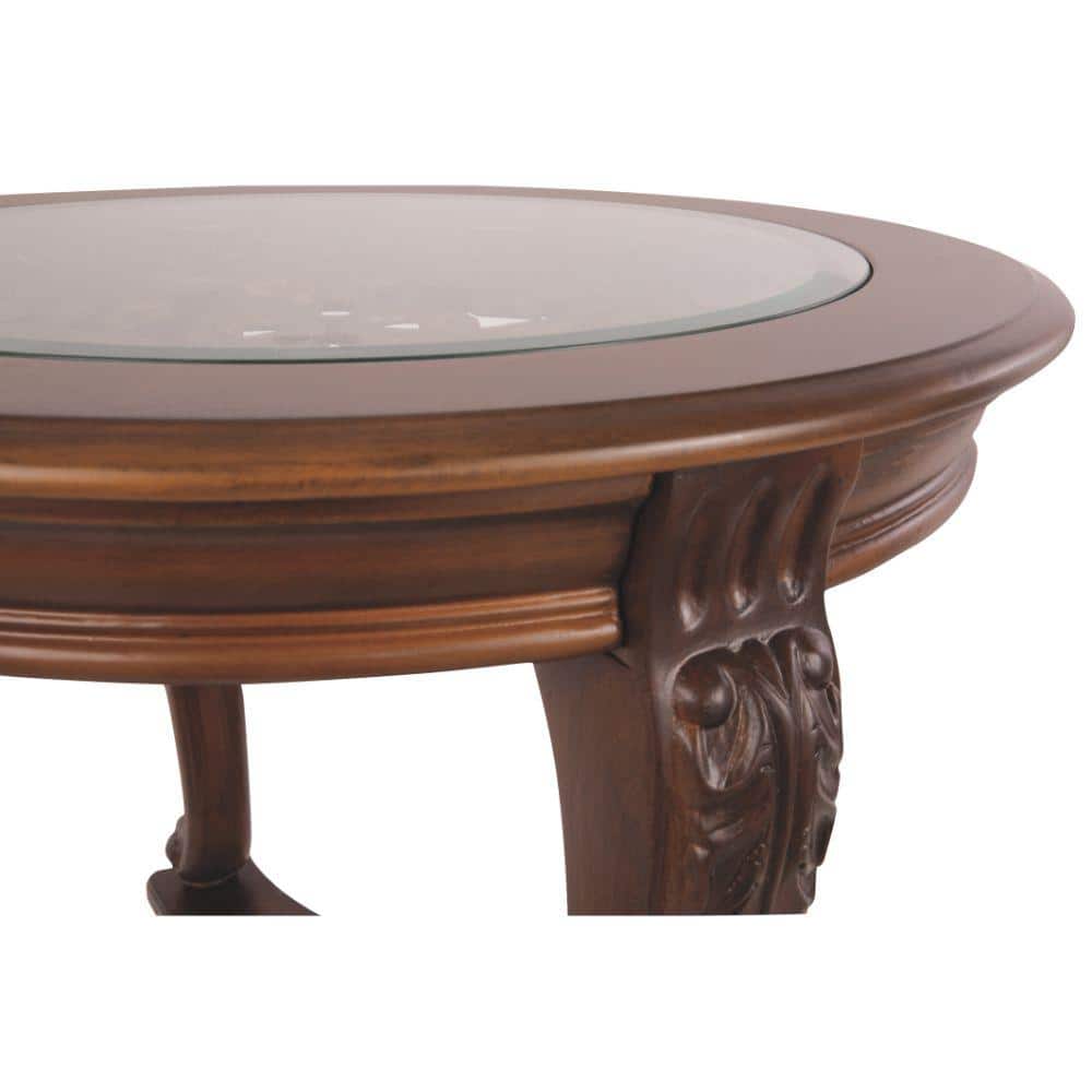 Elegant Round Wood & Glass End Table with Carved Acanthus Accents, Dark Brown