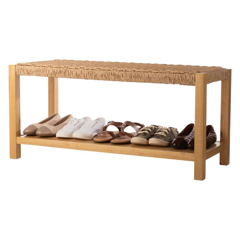 Newport 40-Inch Natural Wood Bench with Woven Rope Seat and Storage Shelf