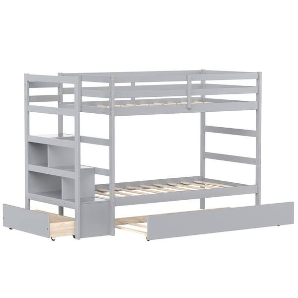 Costway Grey Twin Bunk Bed with Trundle Stairway and Storage Shelf ...