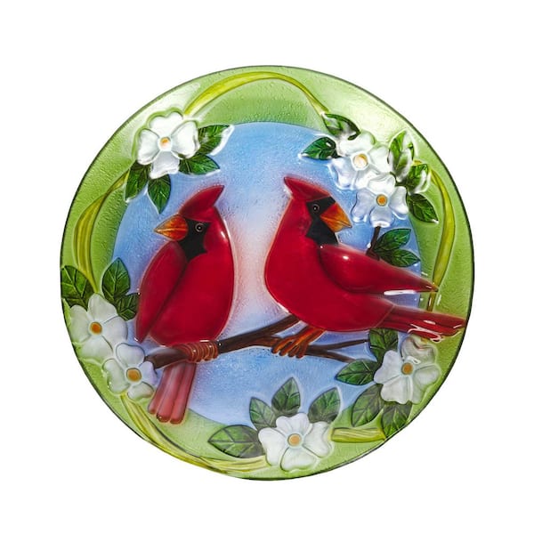 18 in. Round Outdoor Birdbath Bowl Topper with Painted Red Cardinal and Floral Design