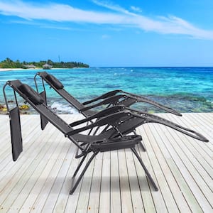 Black Metal Outdoor Folding Recliner Zero Gravity Lounge Chair with Shade Canopy Cup Holder
