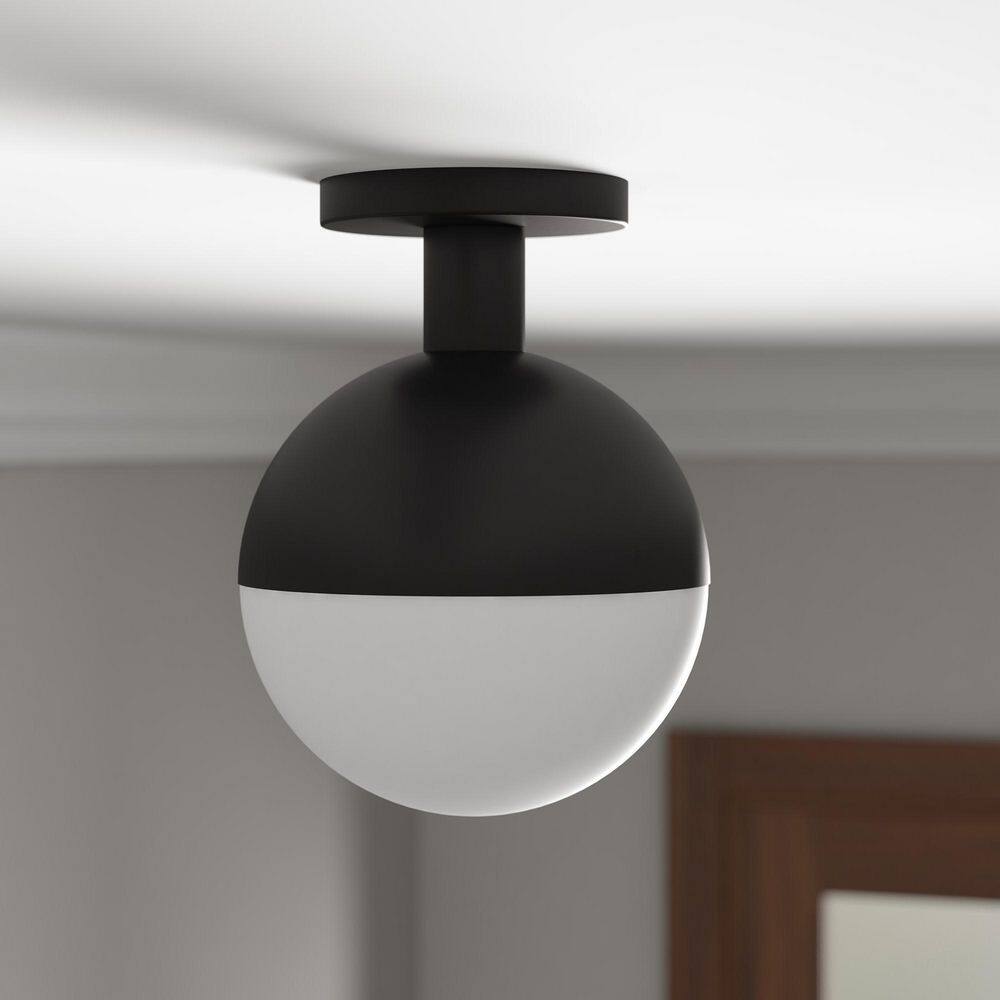 Blackened Bronze and Milk Glass Globe Semi Flush Mount
