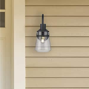 1 Light Black Outdoor Wall Light Fixture with Seeded Glass