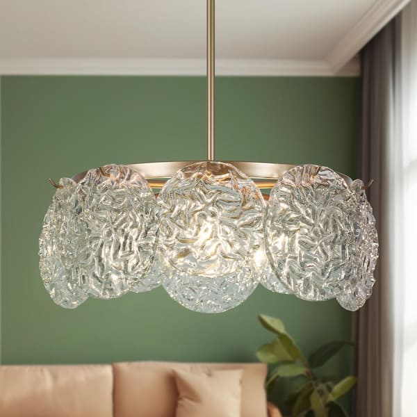Zevni Wavelet 5-Light Dark Gold Round Chandelier Lighting, Mid-Century Modern Pendant Light with Water Ripple Glass Shade