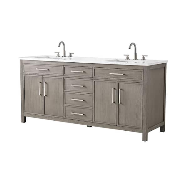 Logan 72 in. W Bath Vanity in Heritage Gray with Engineered Stone Top in Carrara White with White Sinks