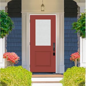 Legacy 36 in. W. x 80 in. 1/2 Lite Rain Glass RHOS Primed Morocco Red Finish Fiberglass Prehung Front Door