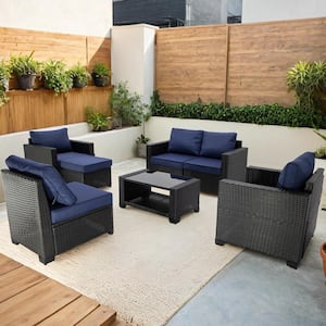 7-Piece Dark Brown Rattan Wicker Outdoor Patio Sectional Sofa Set with Navy Blue Cushions