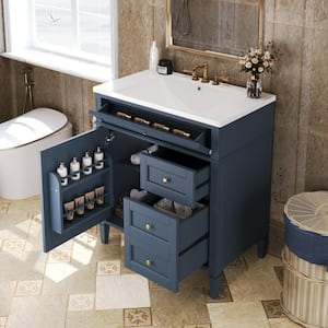 30 in. W x 18 in. D x 33 in. H Single Sink Freestanding Bath Vanity in Blue with White Resin Top and Storage