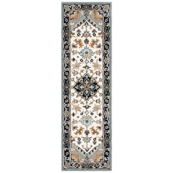 Heritage 2 ft. x 14 ft. Gray/Green Border Floral Medallion Runner Rug