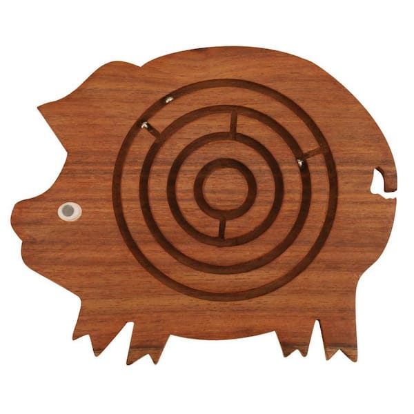 Benzara Wooden Brown Pig Shape Labyrinth Ball Maze Puzzle Game