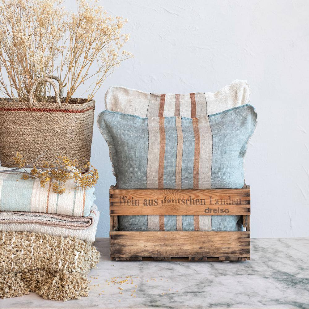 20" Blue and Beige Linen Striped Pillow with Fringe