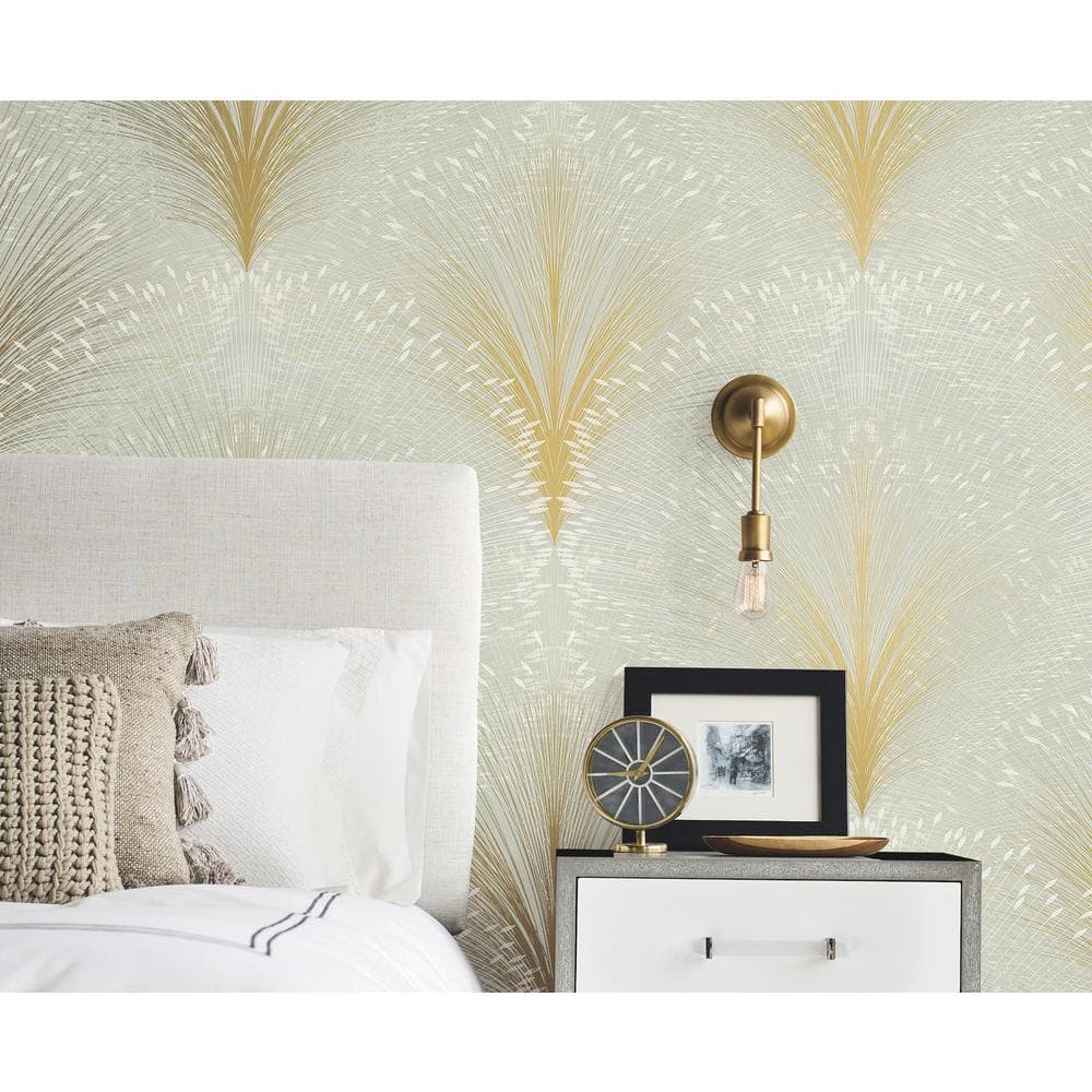 Sage Green and Gold Papyrus Plume Wallpaper Roll