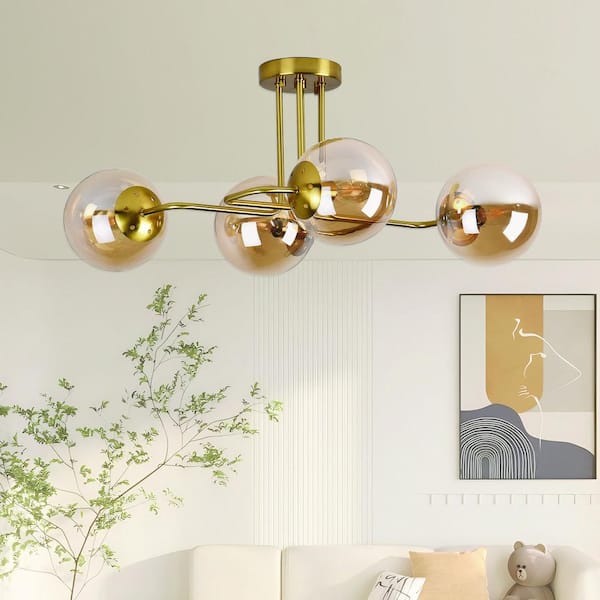 PAKOKULA 26.8 in. 4-Light Gold Sputnik Modern Linear Bubble Semi