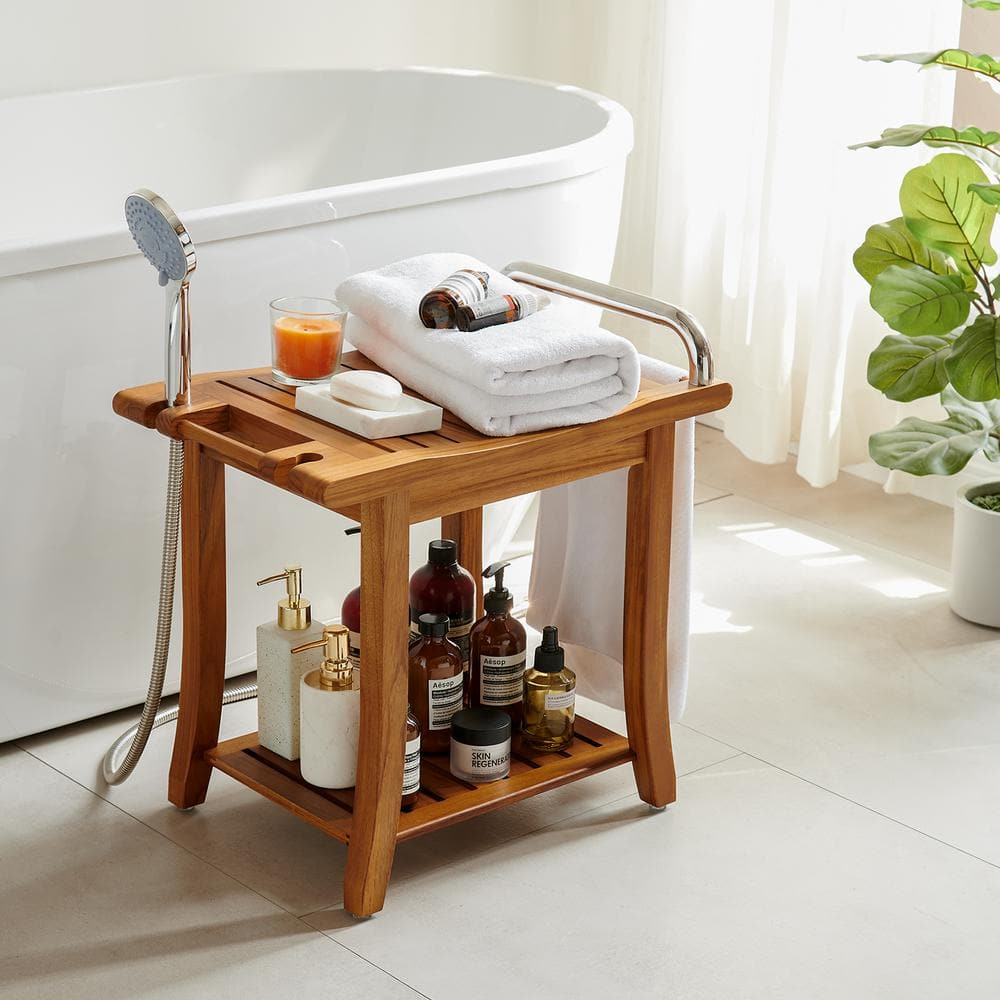 Large Teak Shower Bench with Handle and Shelf