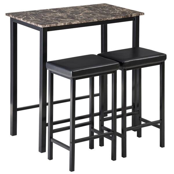 Unbranded Bar Table Set, Faux Marble Kitchen Table with 2 Bar Stools, High Top Dining Table Set, Black and Brown