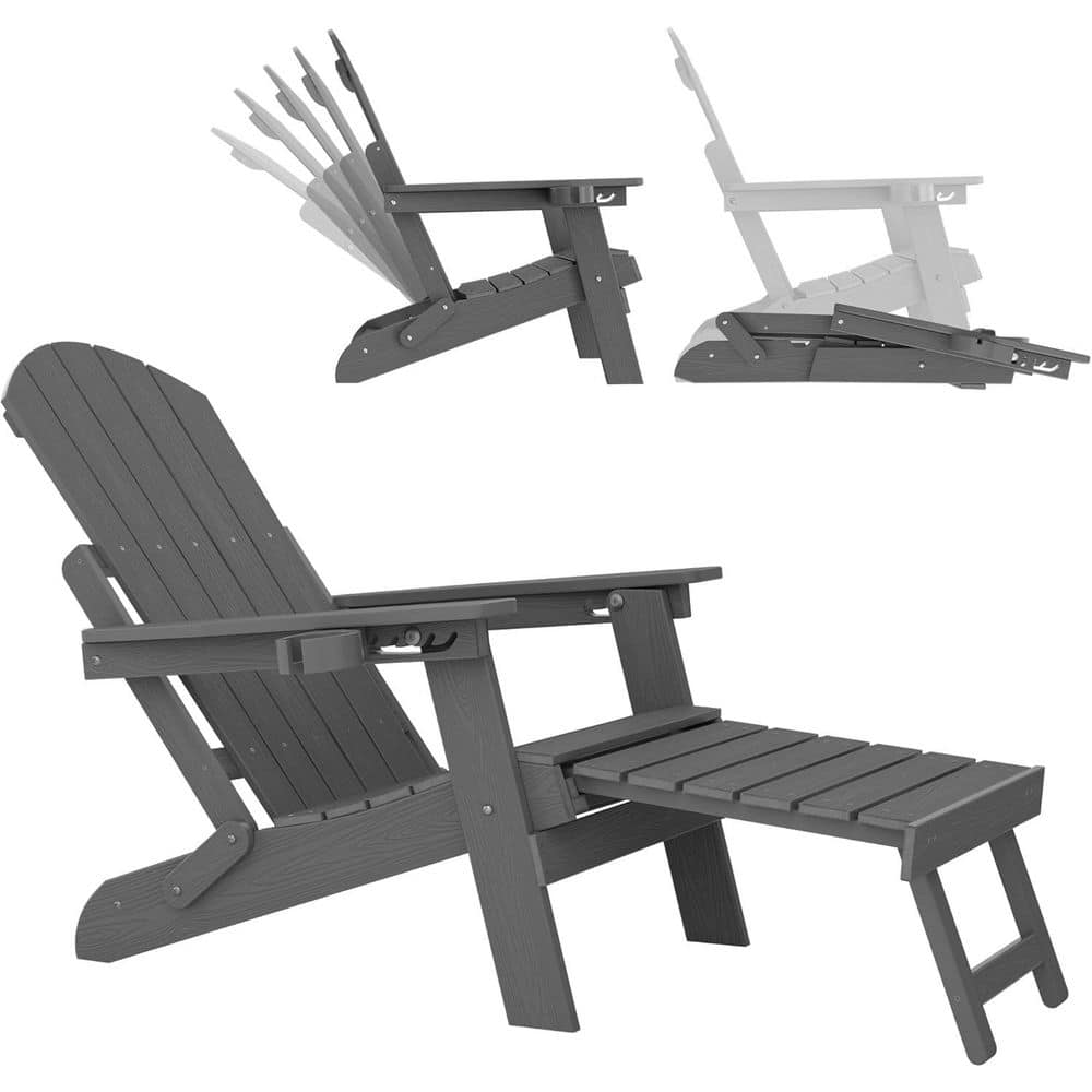 Dark Gray Outdoor Plastic Weather Resistant Folding Adirondack Chair with Integrated Pullout Ottoman and Cup Holder price history on PriceWatchPro