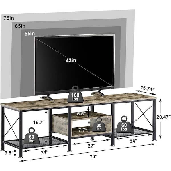 Industrial TV Stand Television Cabinet 3-Tier Console with Open Storage Shelves 75 in. Gray