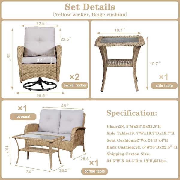 Flatarmrest 5-Piece Yellow Wicker Patio Conversation Set with Olefin Beige Cushion/Loveseat/Patio Swivel Glider Chairs