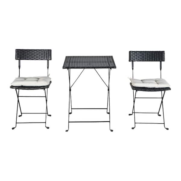 Jushua 3-Piece Black PE Wicker Outdoor Bistro Set, Folding Square Table and Chairs with Beige Cushion