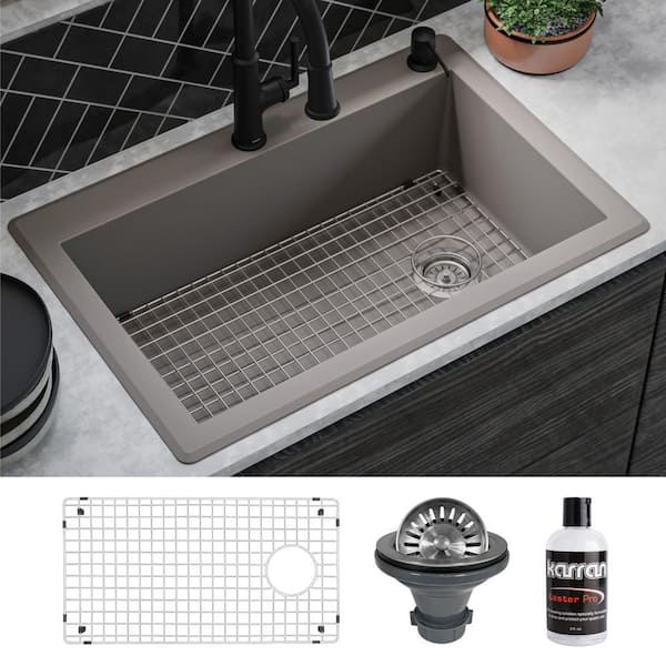 QT-670 Quartz/Granite 33 in. Single Bowl Top Mount Drop-In Kitchen Sink in Concrete with Bottom Grid and Strainer