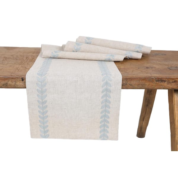 Manor Luxe 15 in. x 70 in. Cute Leaves Crewel Embroidered Table Runner, Blue/Natural